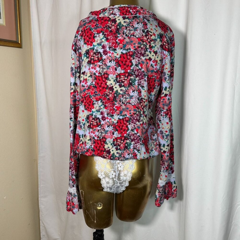 Free People Women's Heat Wave Thong Bodysuit Size Medium Floral Ruffle Blue Red - Picture 5 of 10
